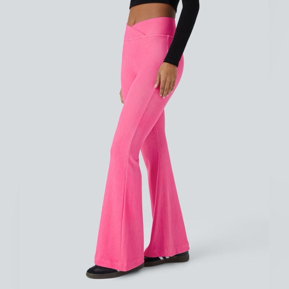 NWT HALARA Flex High Waisted Crossover Casual Flare Pants Washed Denim Pink XS